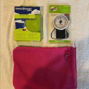 Pink & Green Inflatable Fleece Travel Pillows plus AT Luggage Scale - set of 3